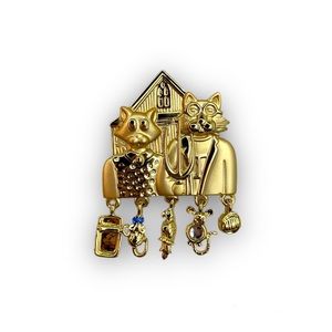 American Gothic Cat Brooch Pin Gold Tone